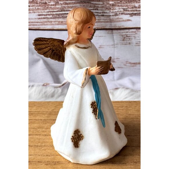 VTG Hong Kong Plastic Christmas Angel White and Gold Dress with Blue Ribbon - Picture 2 of 7